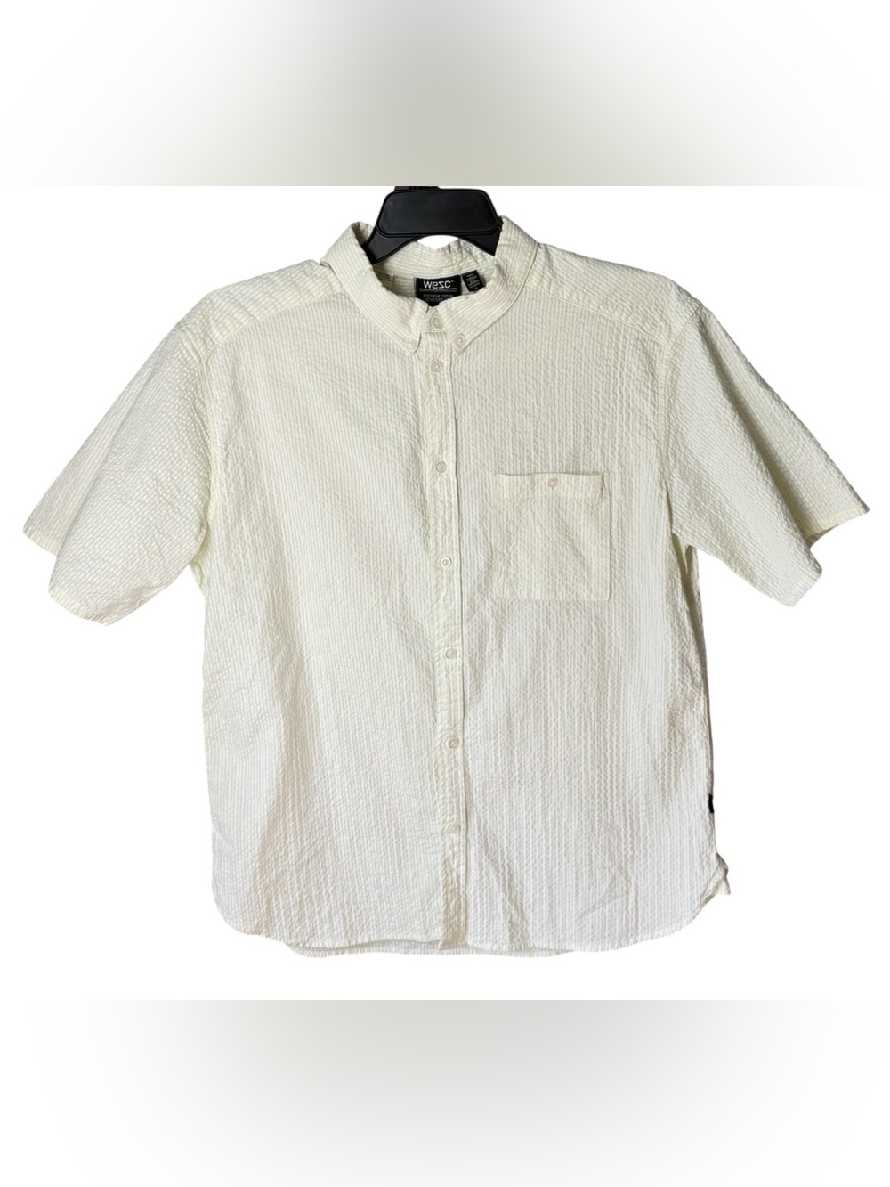 WeSC Men’s Oden Seersucker Lemon Yellow Stripes Short Sleeve Button Up Top Sz XL